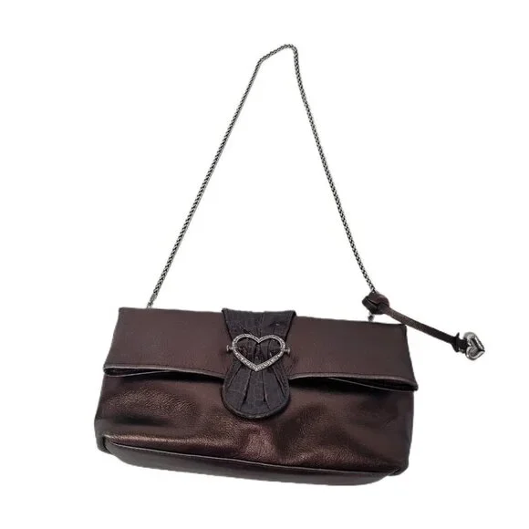 Brighton Scarlet Bronze Fold Over Leather Handbag Silver Strap W/Dust Bag EUC - Picture 2 of 12